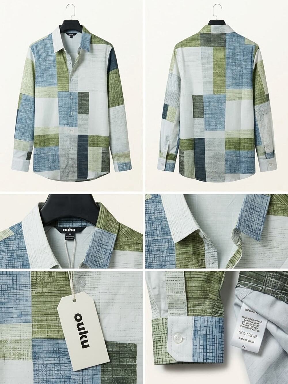 NWT OUKU Men’s Size Medium Abstract Colorblock Geometric Long SleeveButton Shirt
